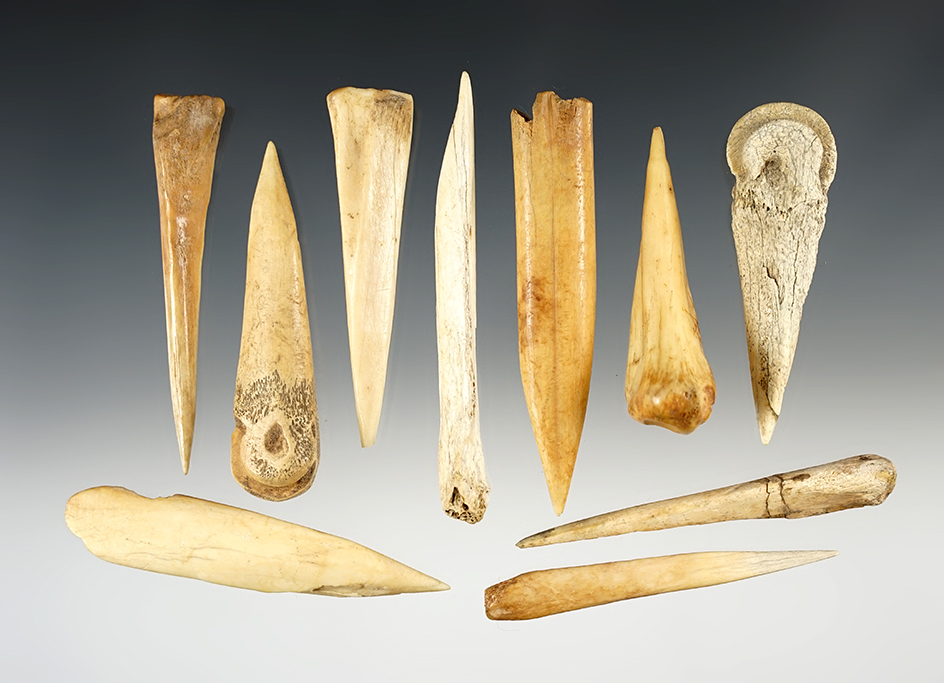 Set of 10 Bone Tools found in New Mexico. One is Broken and glued. The largest is 3 3/8".