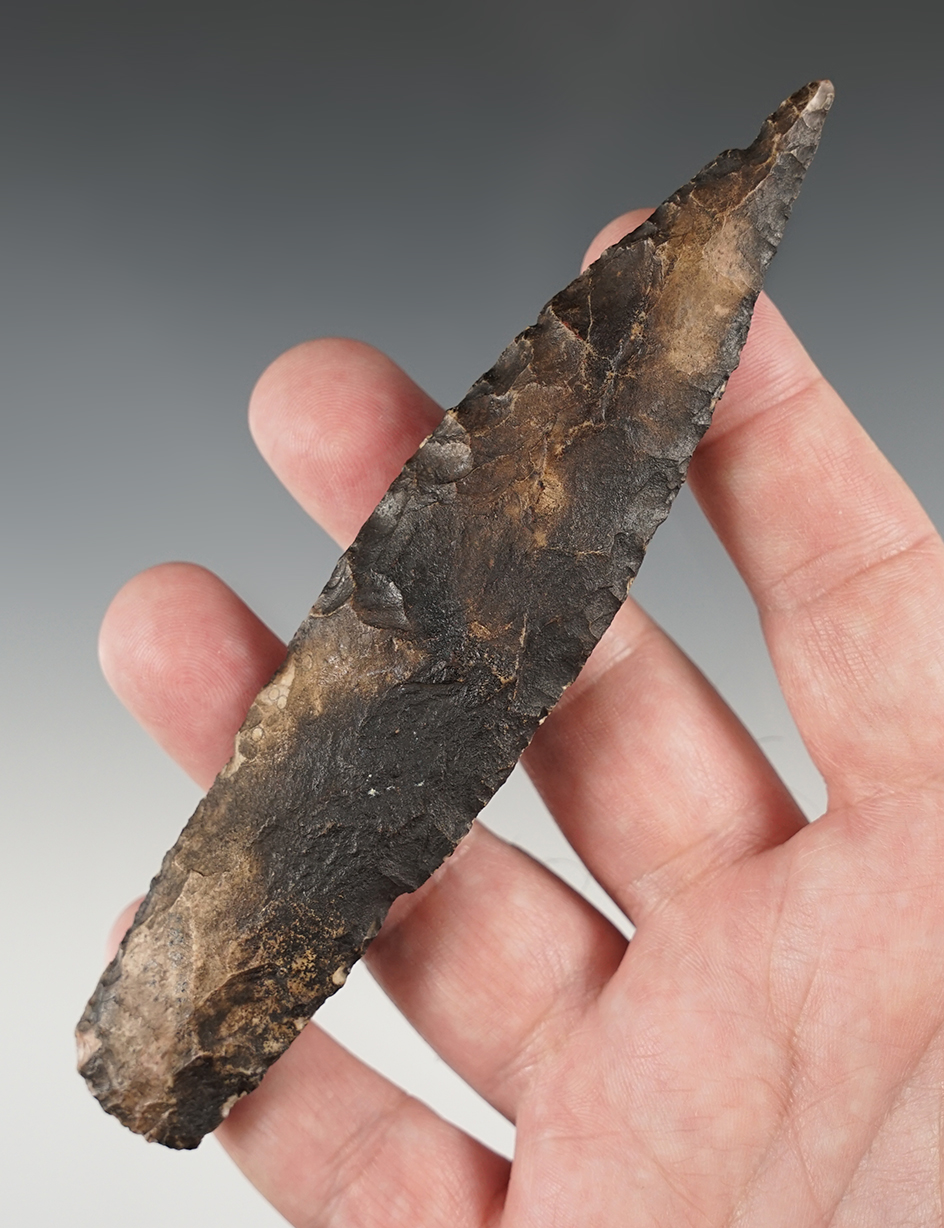 Large 5 1/2" Sedalia found in the Missouri area. Made from river stained flint.