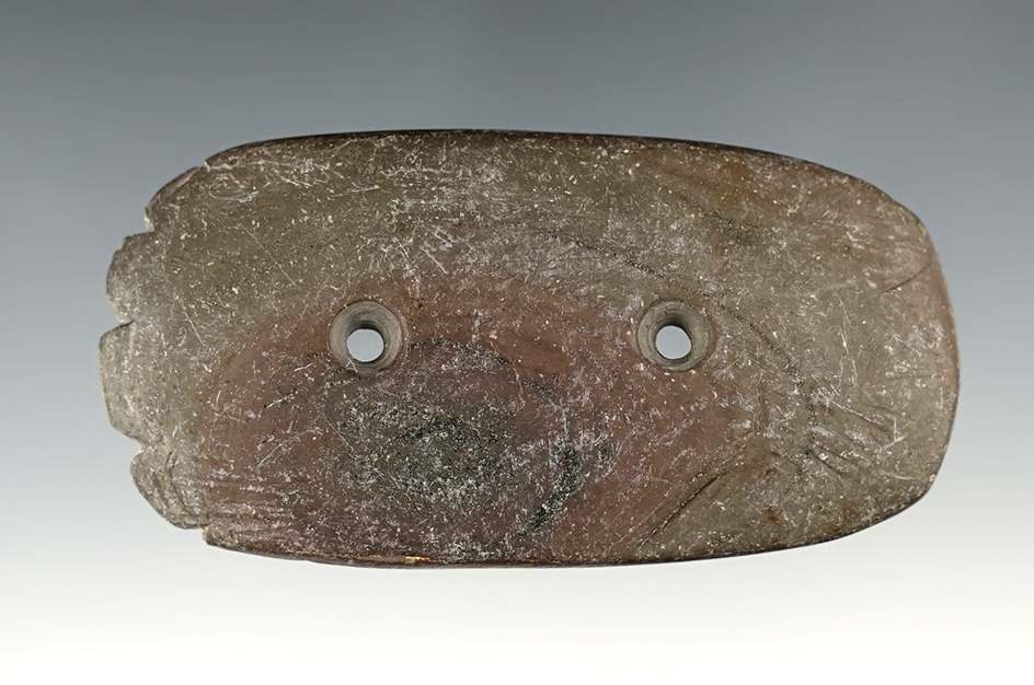 3 1/16" Hopewell Fringed Gorget made from red and black Banded Slate. Hardin Co., Ohio.