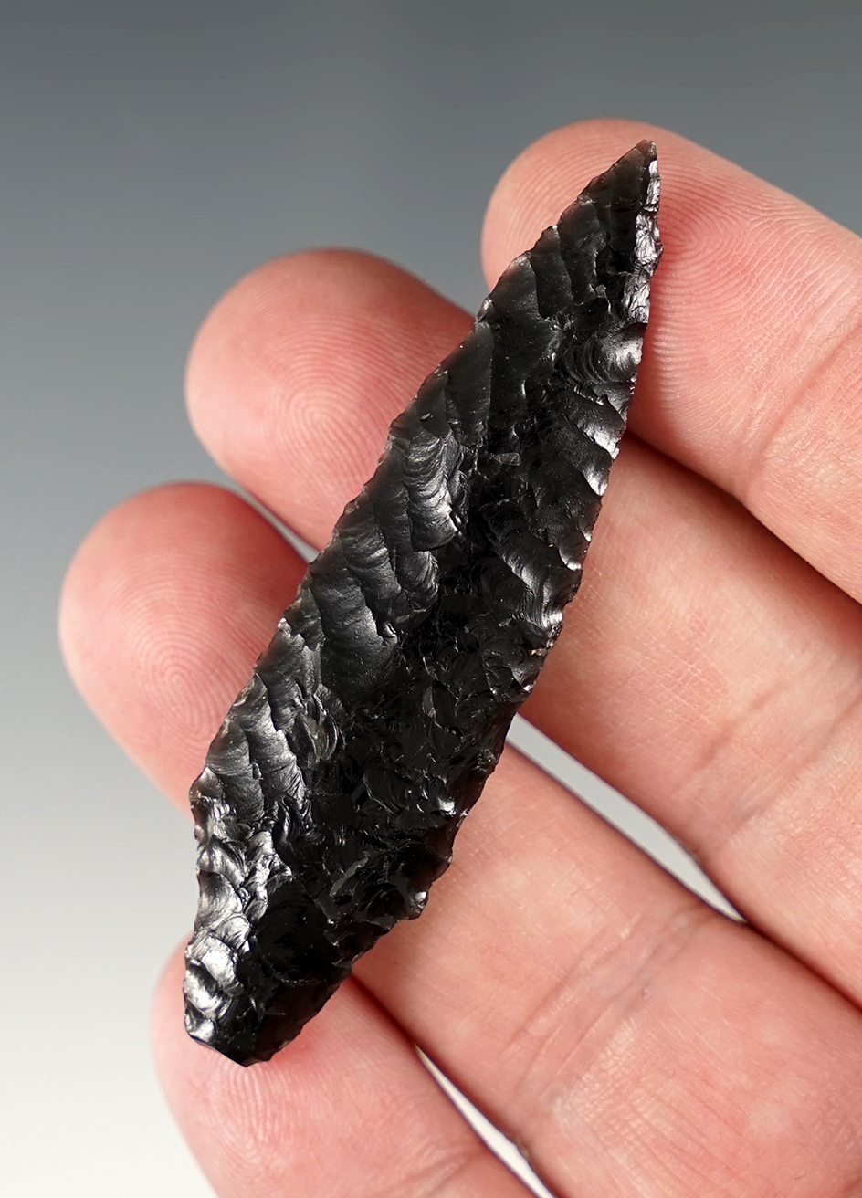 2 5/8" Nicely flaked Obsidian Stemmed Point found in Lake Co., Oregon.