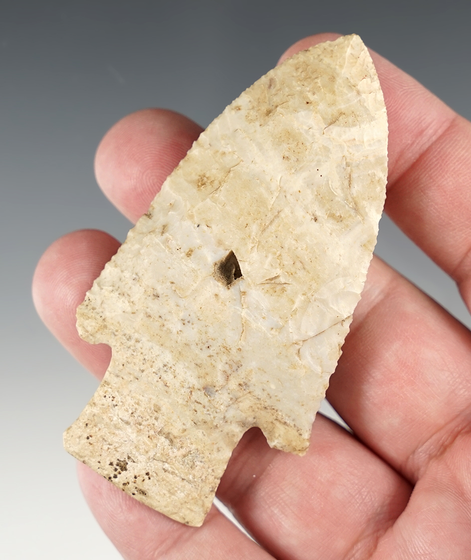 3 3/16" Well made Hardin found in St. Clair Co., Missouri. Nice grinding to the basal area.