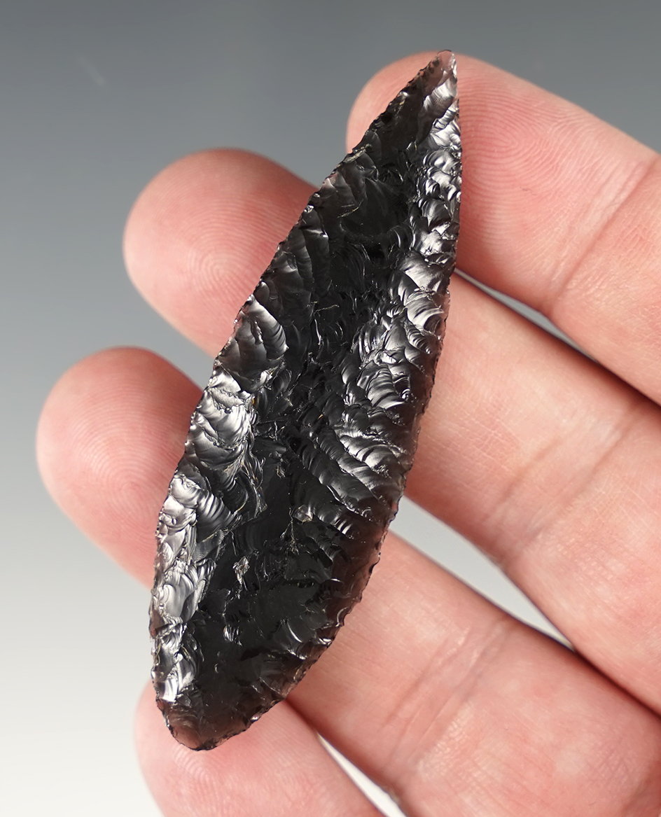 Superbly flaked 2 3/4" Cascade found in Lake Co., Oregon. Made from Obsidian.