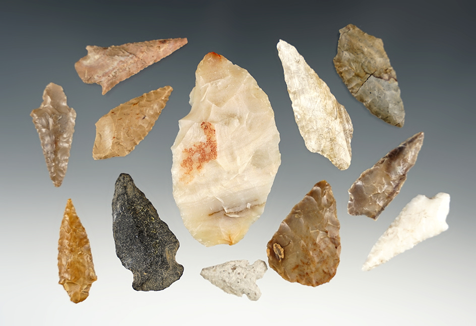 Set of 12 assorted Columbia River points. The largest is 1 11/16".