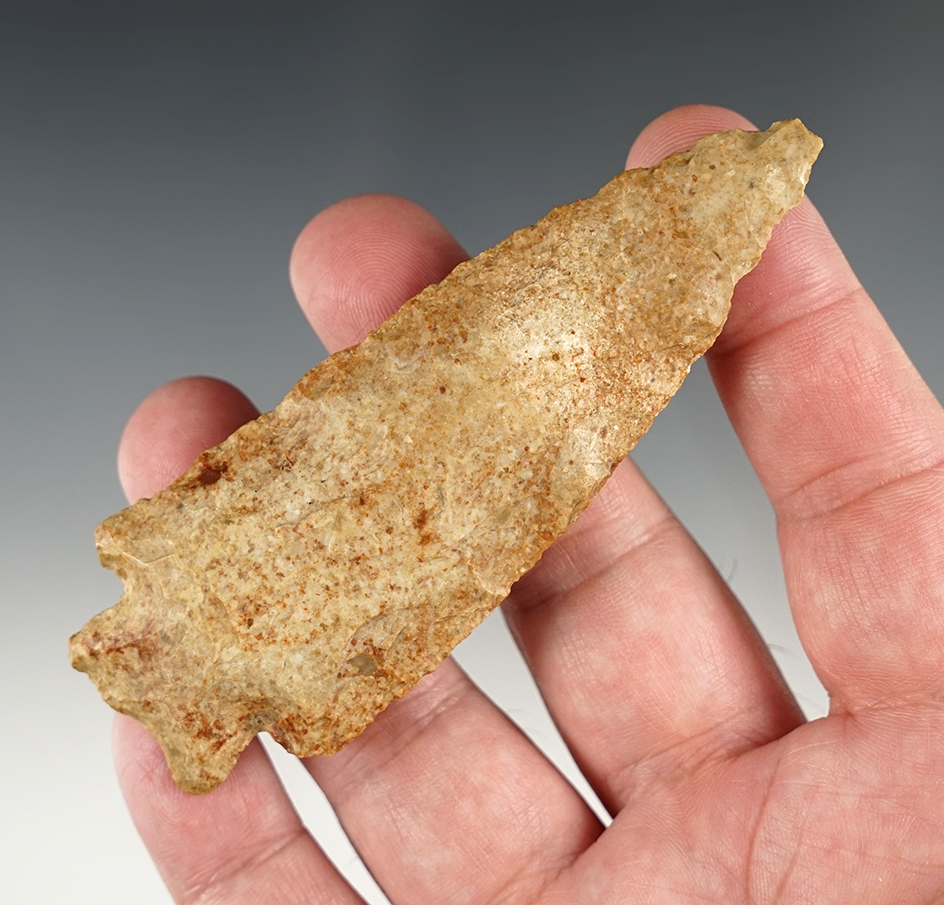 3 15/16" colorful Stemmed point found in Macoupin Co., Illinois.