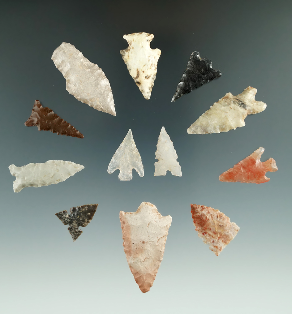 Group of 12 assorted arrowheads found in Utah, largest is 1 9/16".