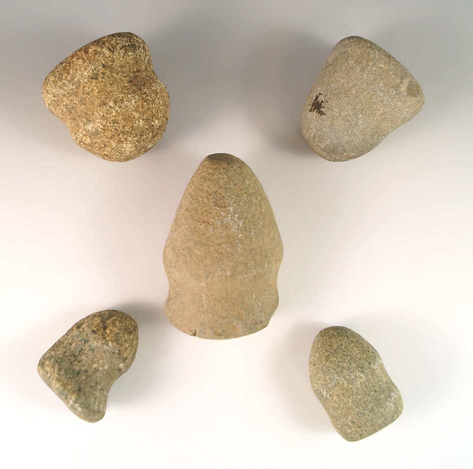 Group of five grooved Hammerstones found in Hardin and Allen counties, Ohio. Largest is 3 1/2".