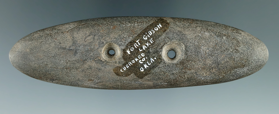 4 5/8" two-hole Gorget found in Cherokee Co.,  Oklahoma. Comes with a Rogers COA.