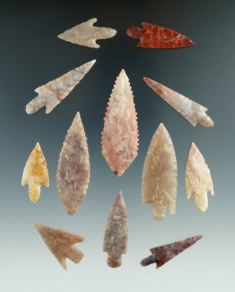 Set of 12 well flaked African Neolithic projectile points, largest is 2 1/16".