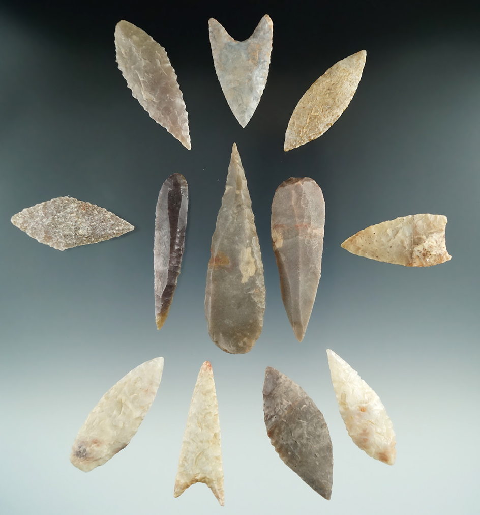 Set of 12 Neolithic Leaf Points and Knives found in the northern Sahara desert region of Africa.