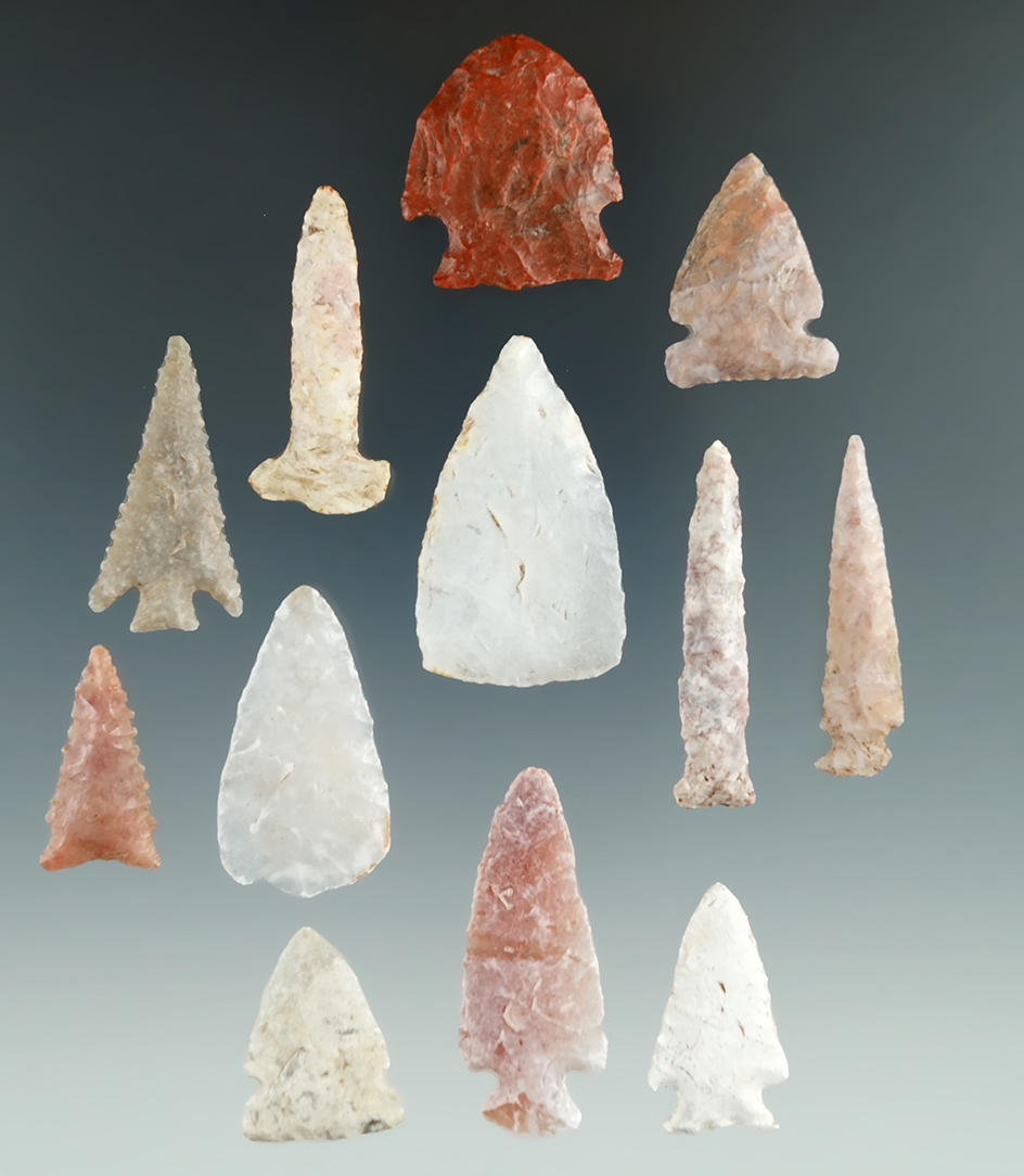 Group of 12 nice assorted Utah points, Knives and drill. Largest is 1 5/8".