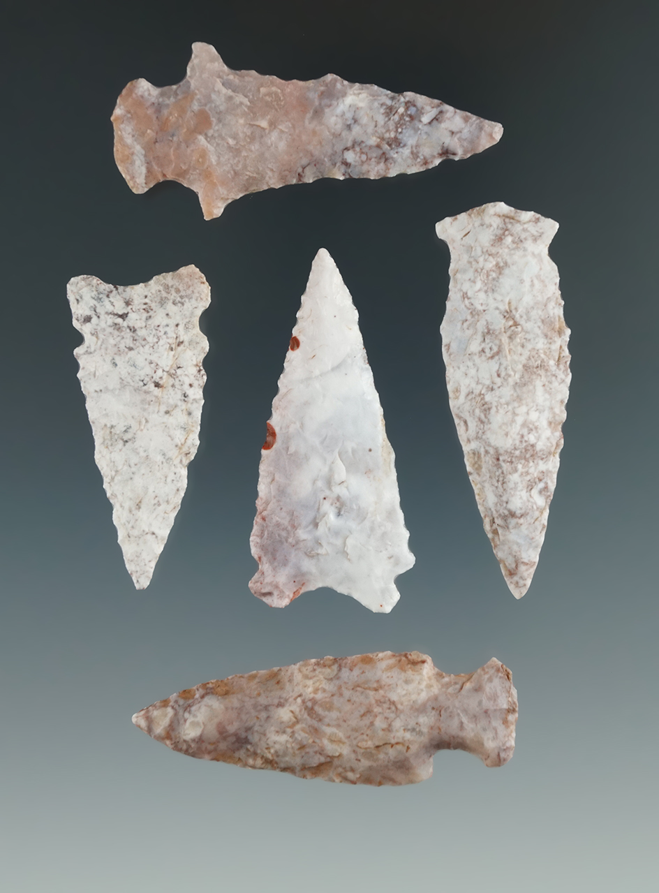 Set of five well patinated arrowheads found in Utah, largest is 2".