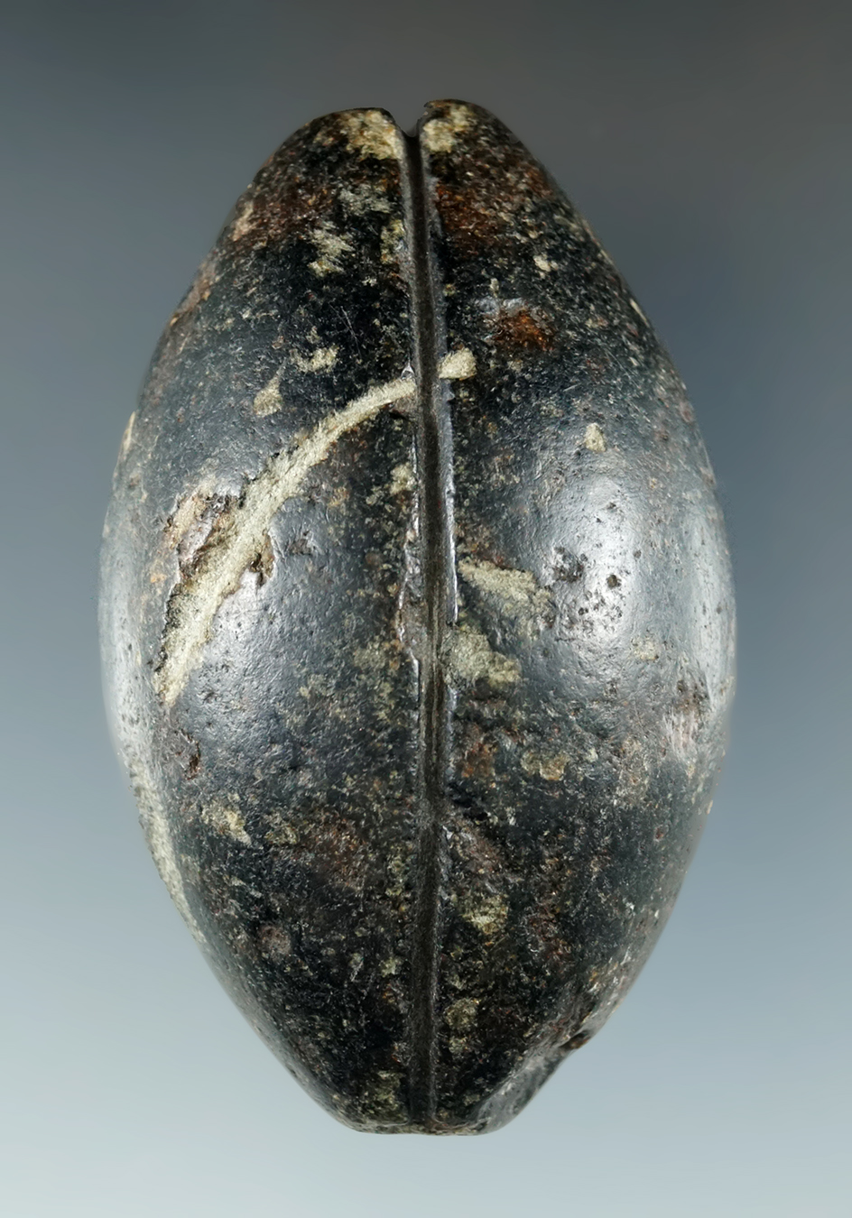 2 7/8" nicely patinated Black Steatite fully grooved Plummet found near Big Island, Marion Co., OH.