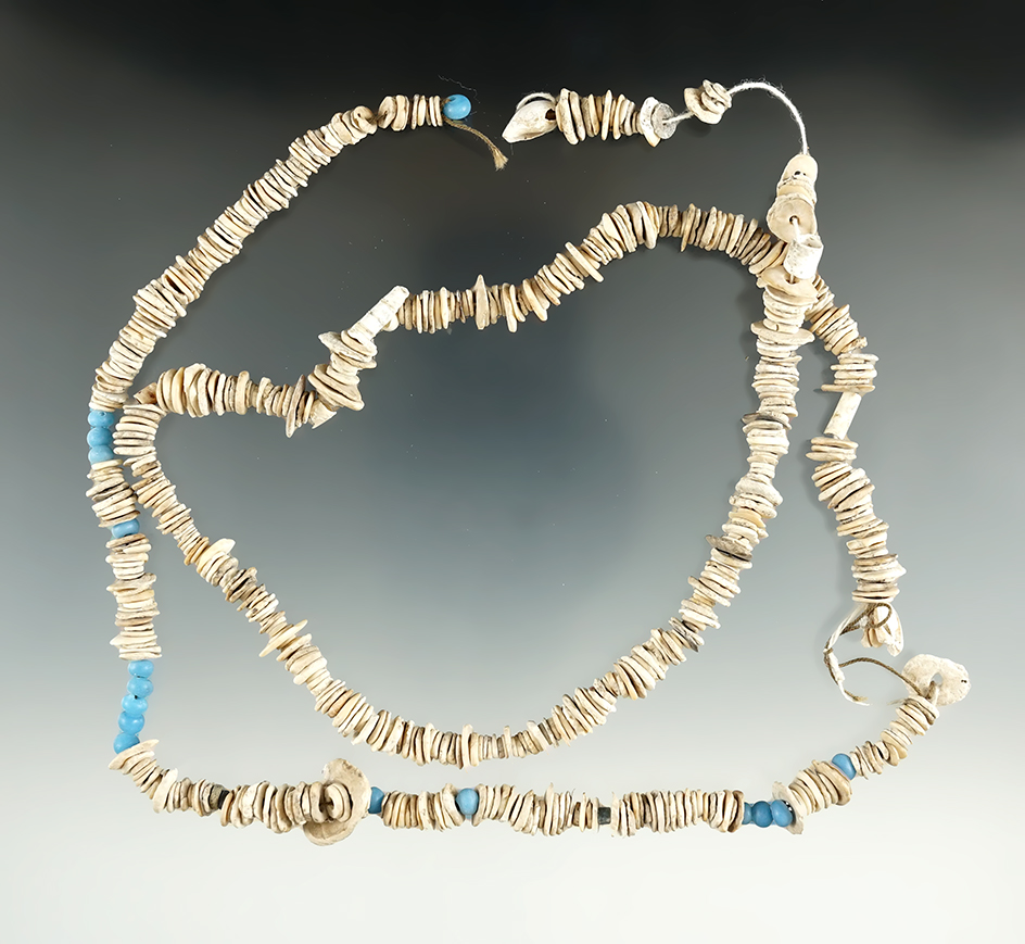 28" long strand of Indian made drilled shell beads and blue trade beads found near the Columbia.