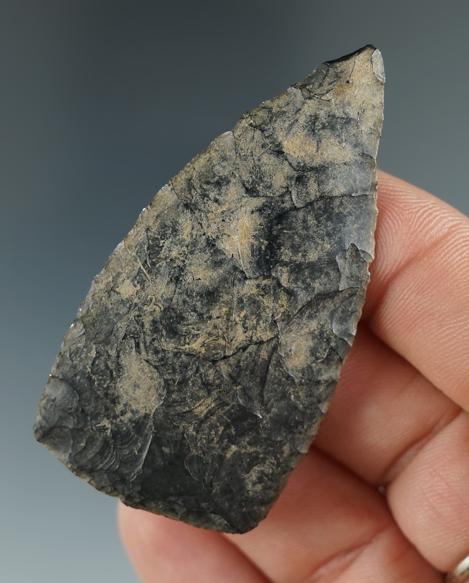 Finely made 2 5/16" well patinated Obsidian blade that is most likely a Northern Side Notch preform.