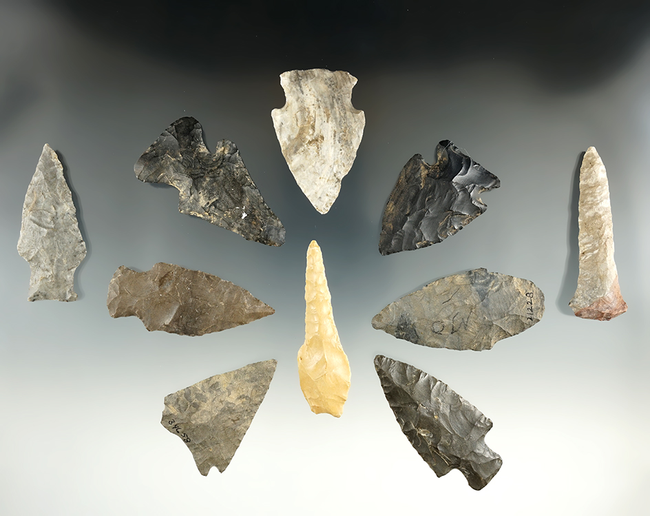 Group of Eight assorted Midwestern points and two drills, largest is 2 1/2".