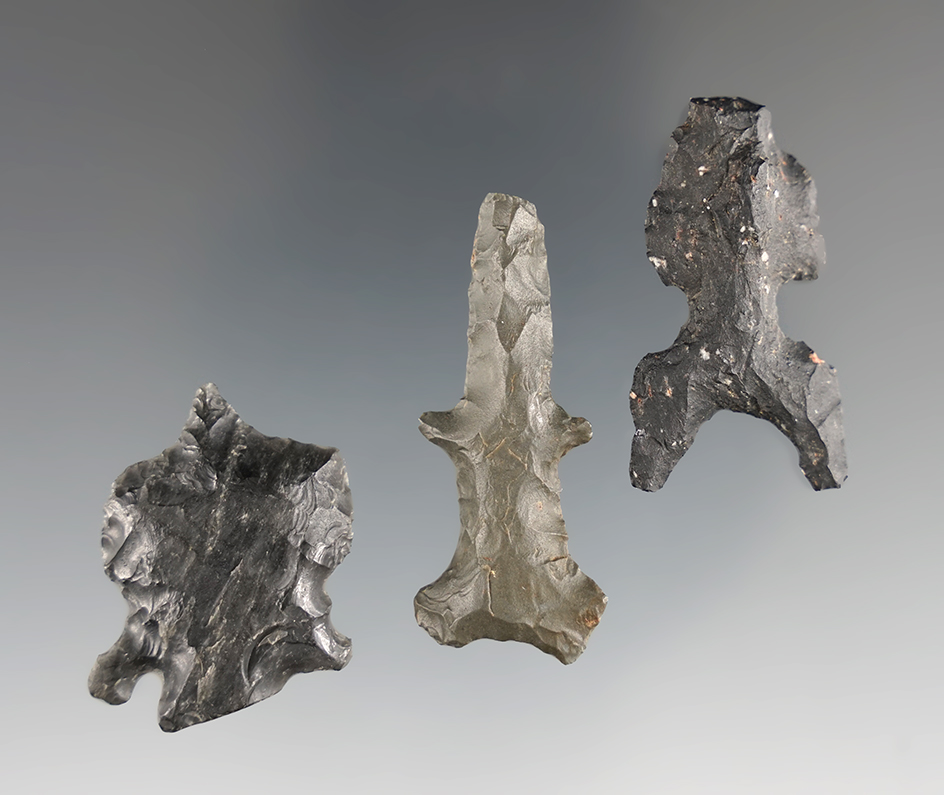 Set of three unique flaked artifacts found in Oregon, largest is 1 5/8". Ex. Jim Hogue.