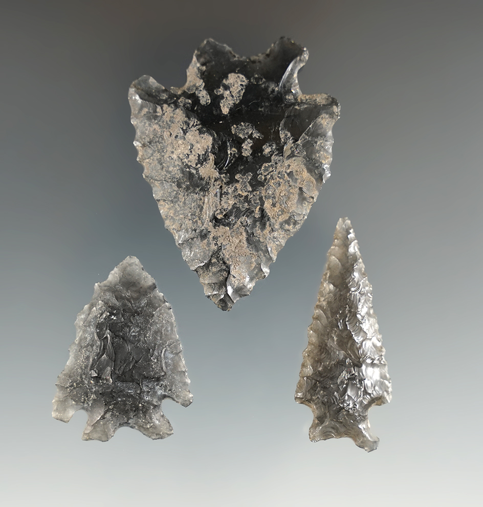 Set of three heavily patinated obsidian artifacts, largest is 1 7/8" found in Warner Valley, Oregon.