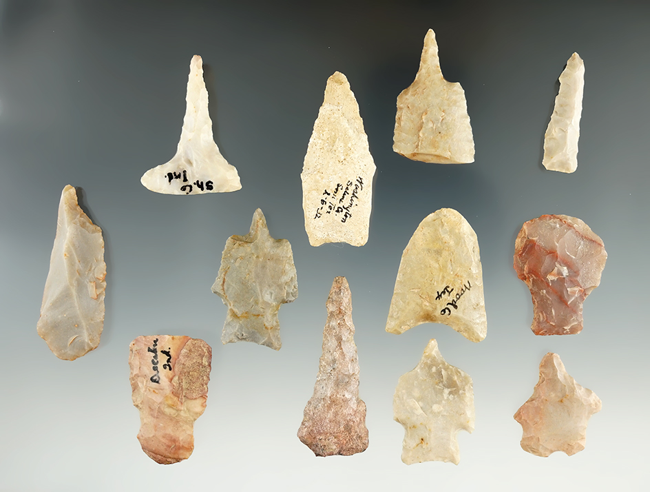 Group of 12 assorted Flint tools found in East Texas, largest is 1 15/16".