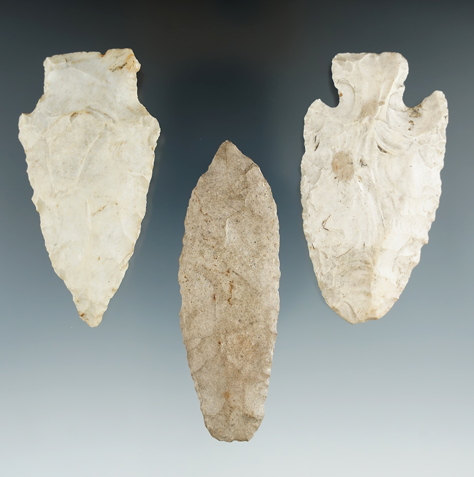 Set of three Midwestern Flint artifacts, largest is 3 1/8".