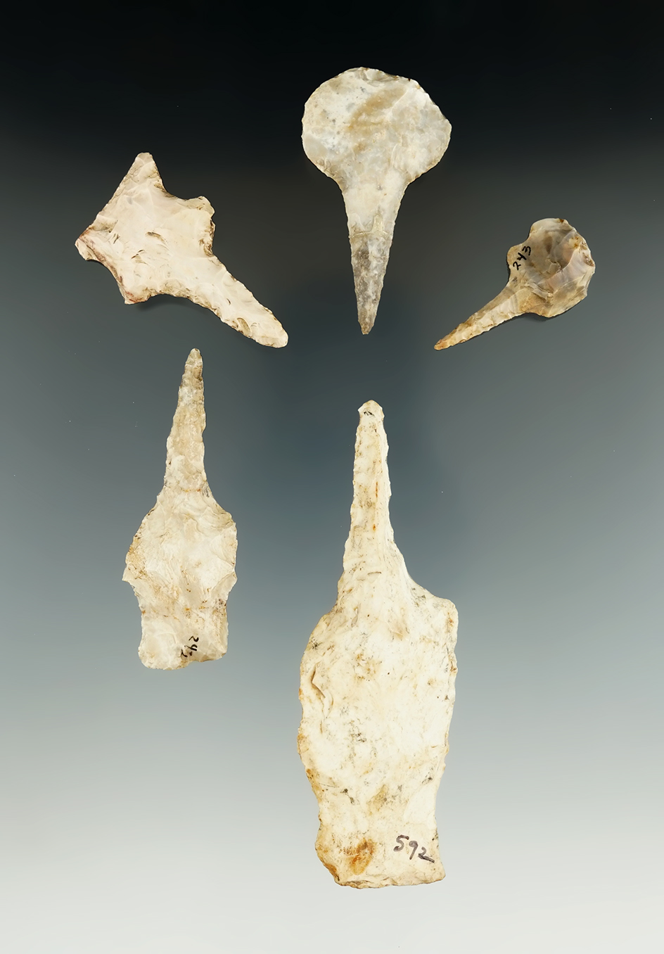 Group of five Missouri Drills, largest is 3 11/16".