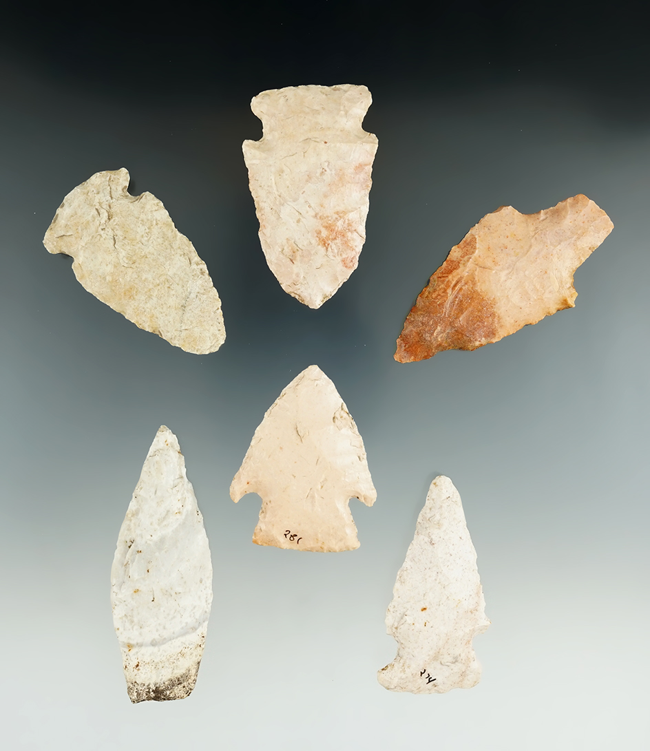 Group of six assorted Missouri points, largest is 2 3/4".