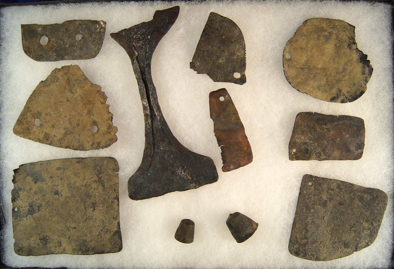 Large group of unique copper and metal artifacts made from salvaged kettles and trade items