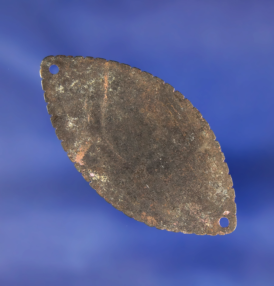 Unique! 2" wide two hole copper ornament that is completely tallied around the edges - Oregon.