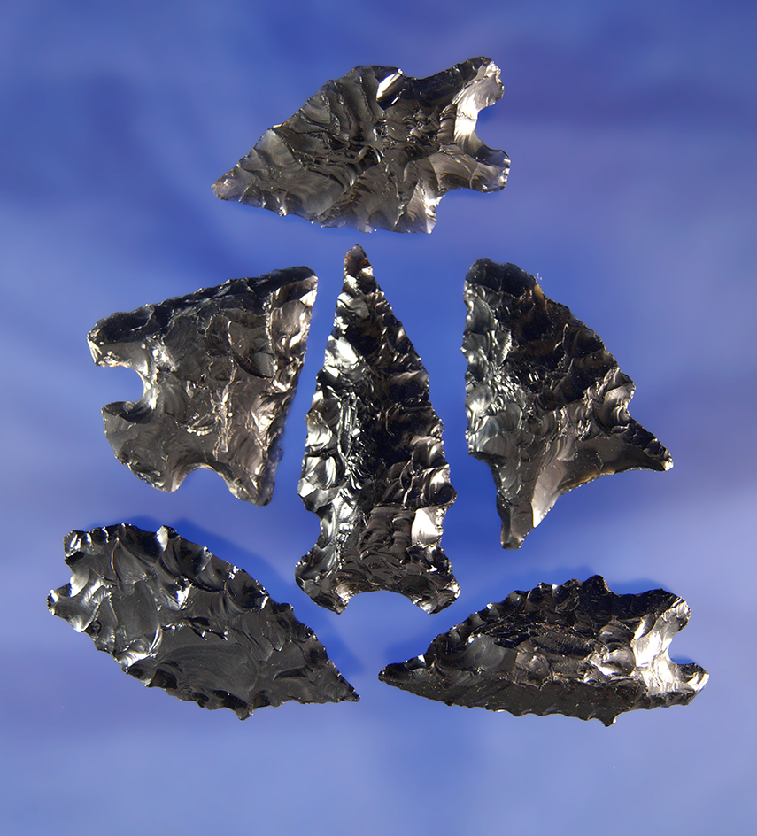 Set of six Obsidian arrowheads found in Nevada, largest is 1 5/8".