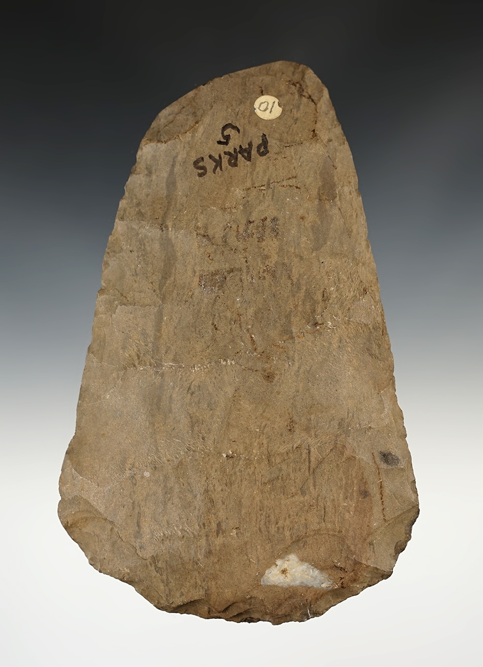 6 1/2" flint Hoe found in the Midwest. Ex. Parks collection.