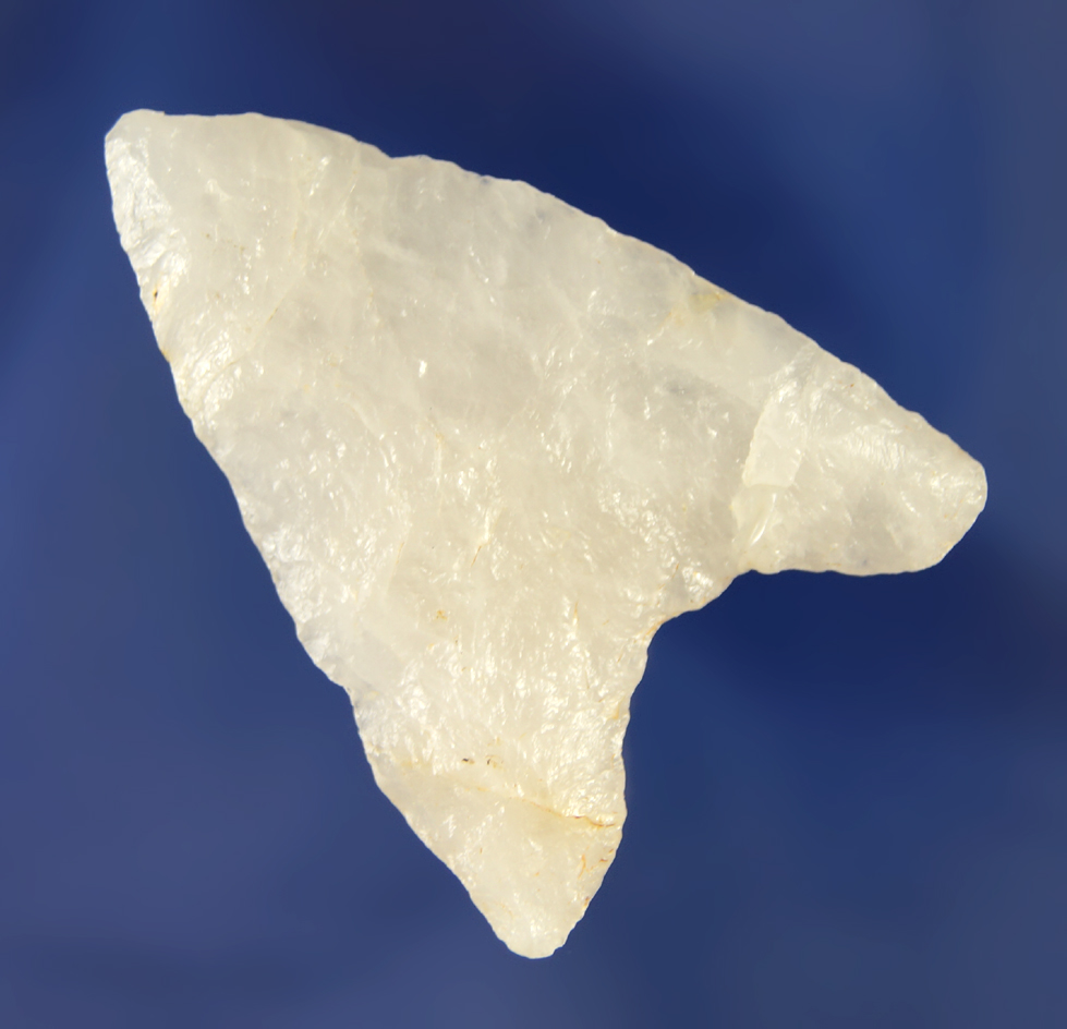 Large and nicely styled 1 15/16" quartz triangular point found in Worcester, Massachusetts.