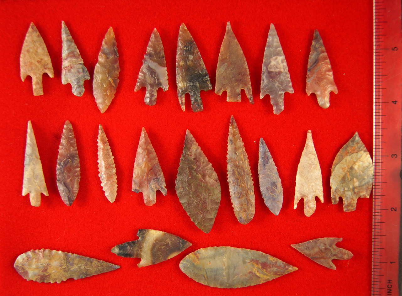 Framed group of Highly colorful African Neolithic Points found in the northern Sahara desert