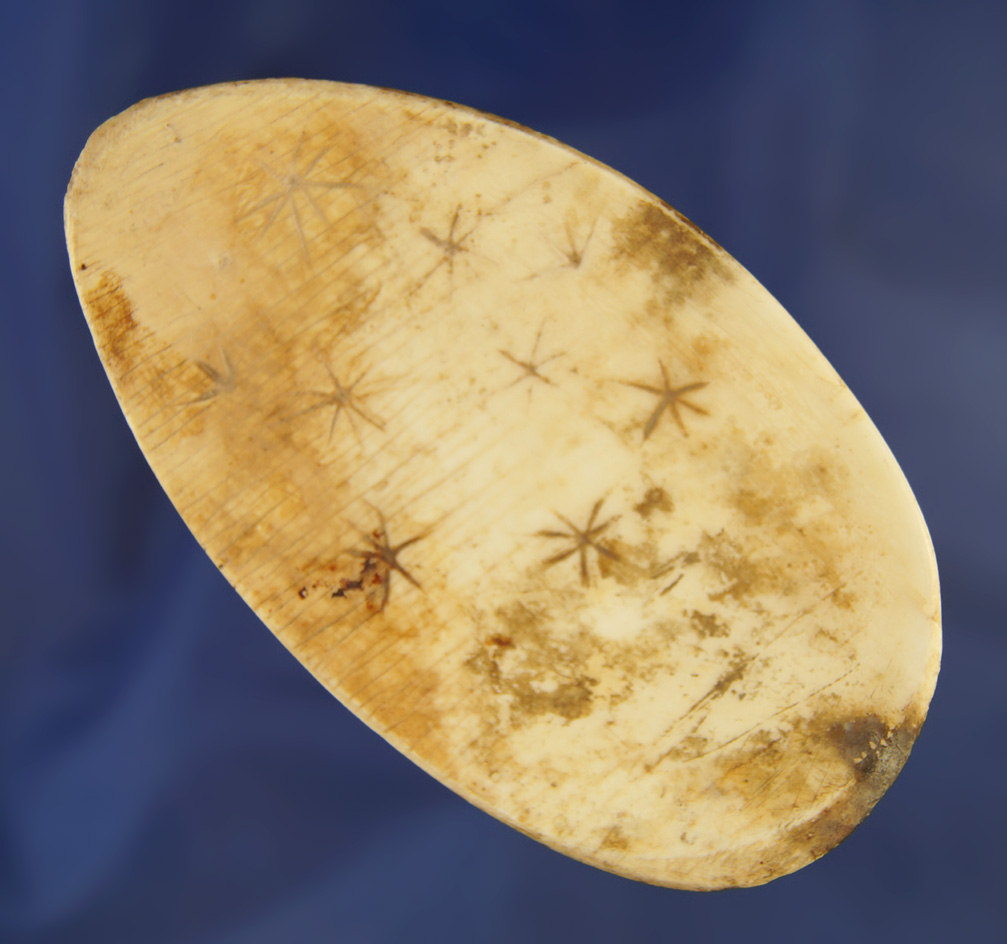 Rare 4 3/16" Shell Glacial Kame Pendant with engraved starburst. Tapped preshitorically