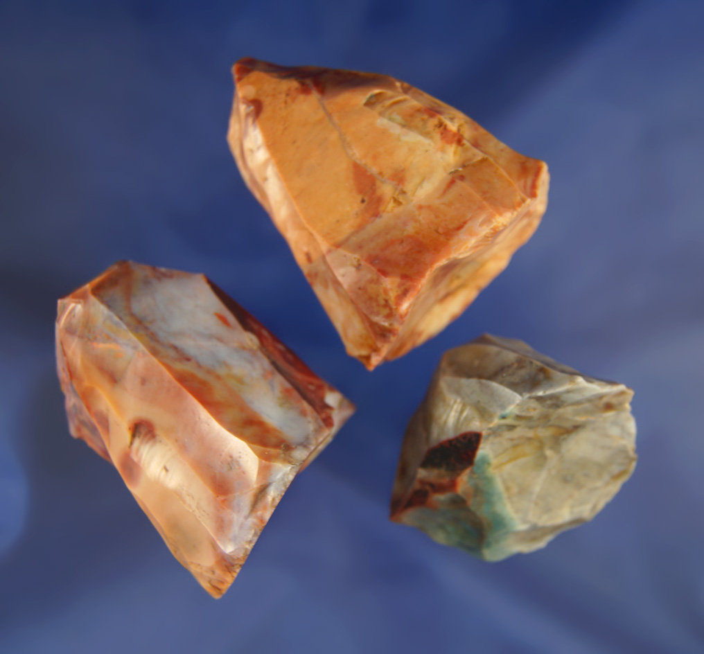 3 Highly Colored Flint Ridge Hopewell Cores, Licking Co., Ohio. Largest is 2 1/4".