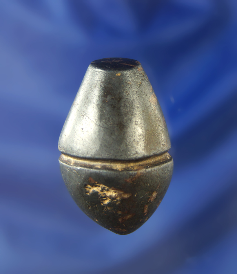Excellent style on this rare 1 5/8" center grooved Hematite Plummet  found in Ross County Ohio