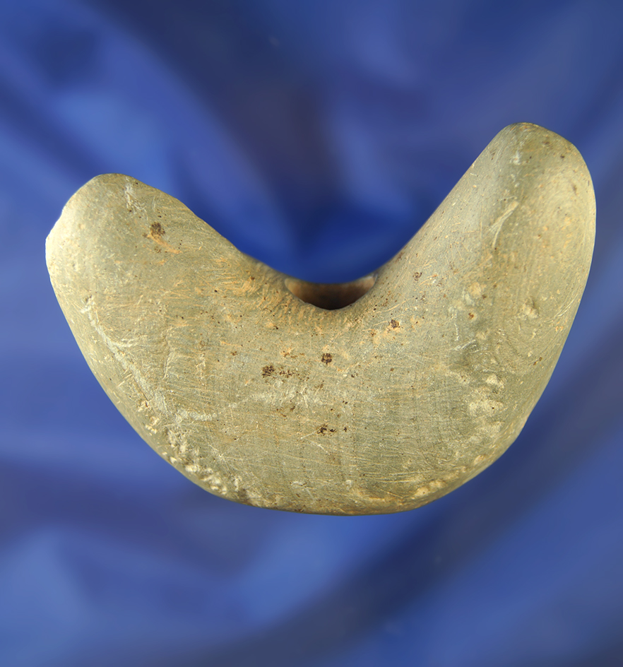 2 13/16" Lunate Bannerstone with damage to one side found by Walter Cook near Eaton Ohio.