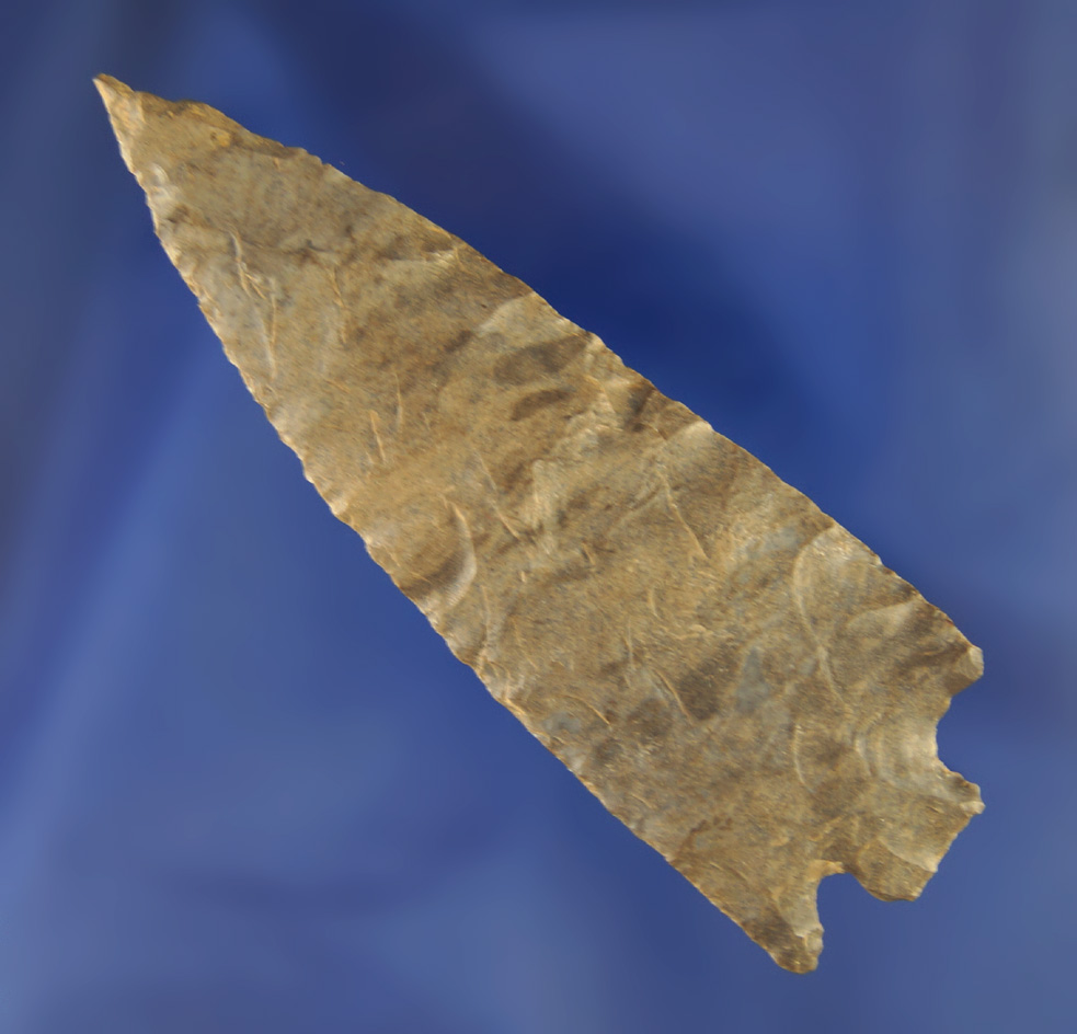 Excellent flaking on this 3 1/16" Dover Flint Cornernotch found in Tennessee. Ex. Rocky Hall