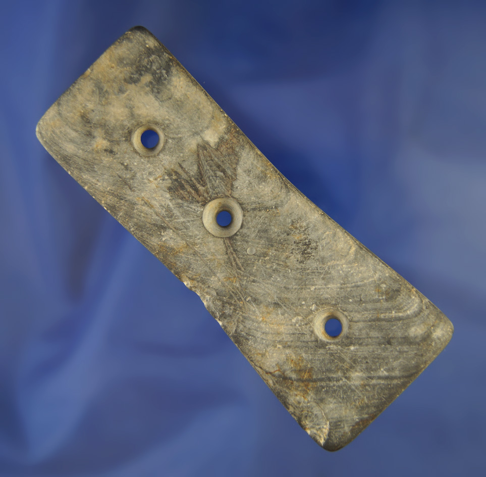 3 7/8" rare style 3 Hole Gorget made from banded slate found in Ohio.