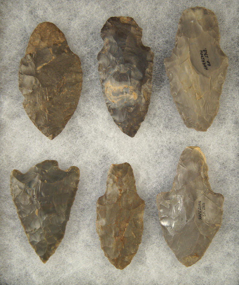 Set of six Hornstone Nodena points found in Harrison Co.,  Indiana. Largest is 2 1/2".
