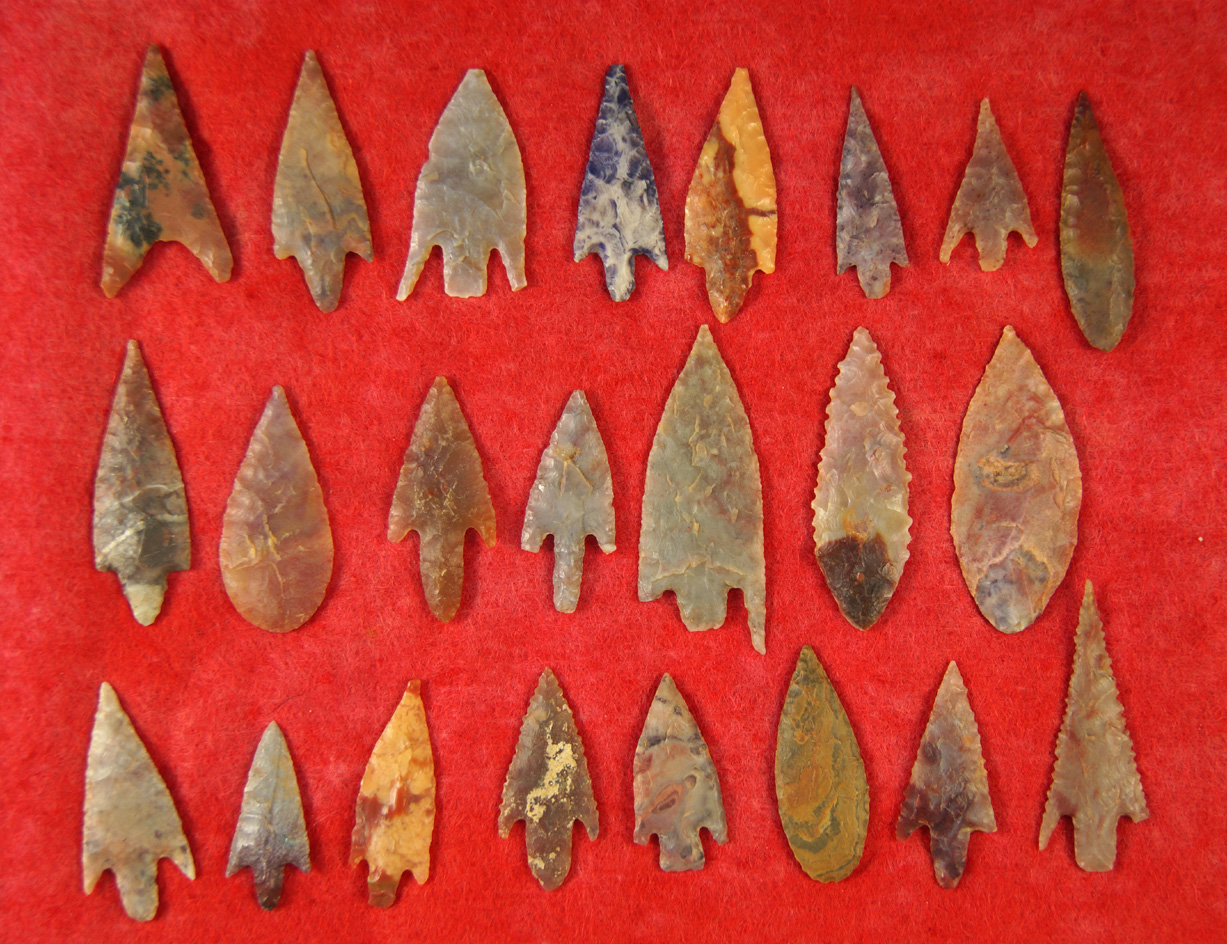 Framed group of Highly colorful African Neolithic Points from the northern Sahara region.