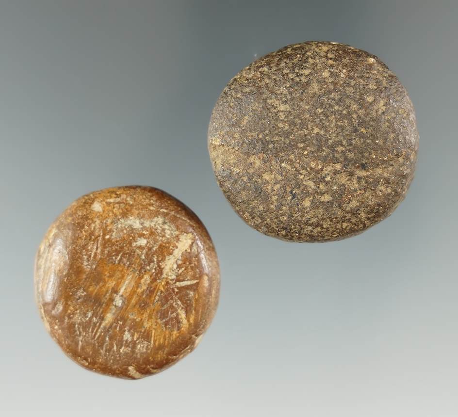 Two rare miniature Discoidals, one made of Hardstone, the other one is Pipestone from Ohio.