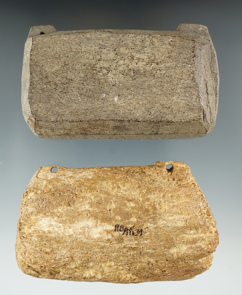 Pair of drilled whalebone fishing weights found in Alaska, largest is 3 1/2".