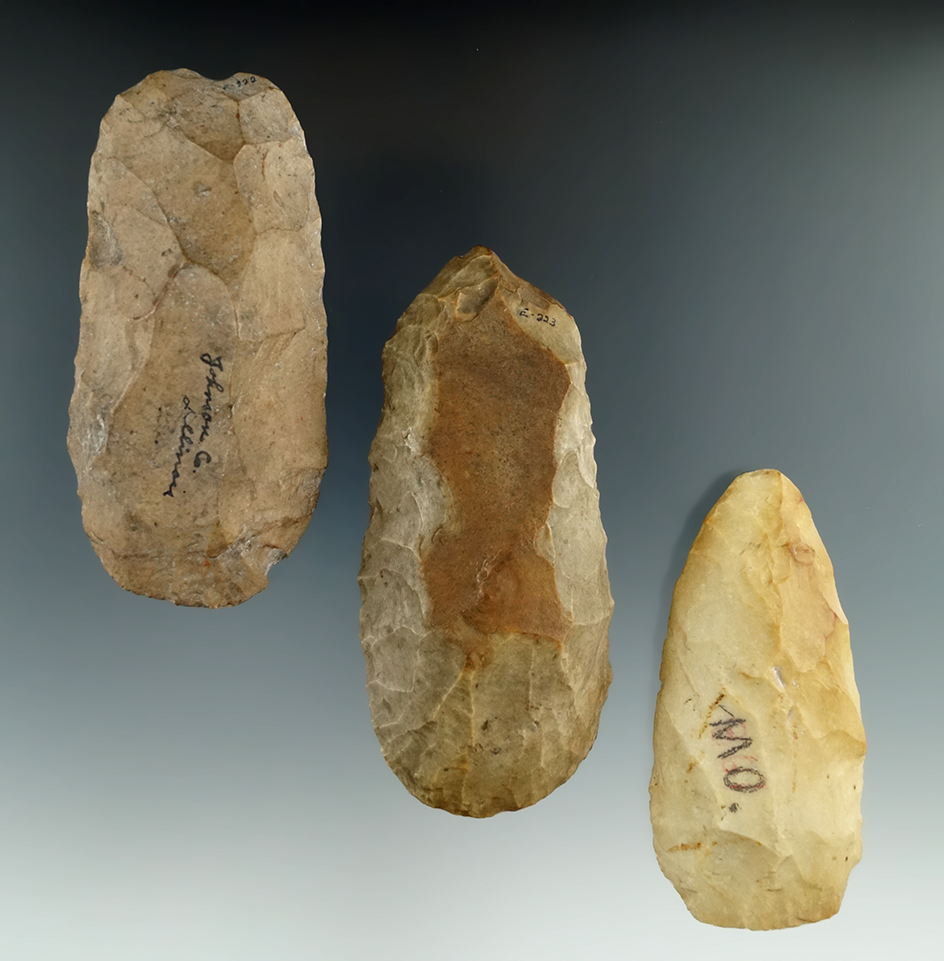 Set of three Flint Celts found in Illinois and Missouri, largest is 4".