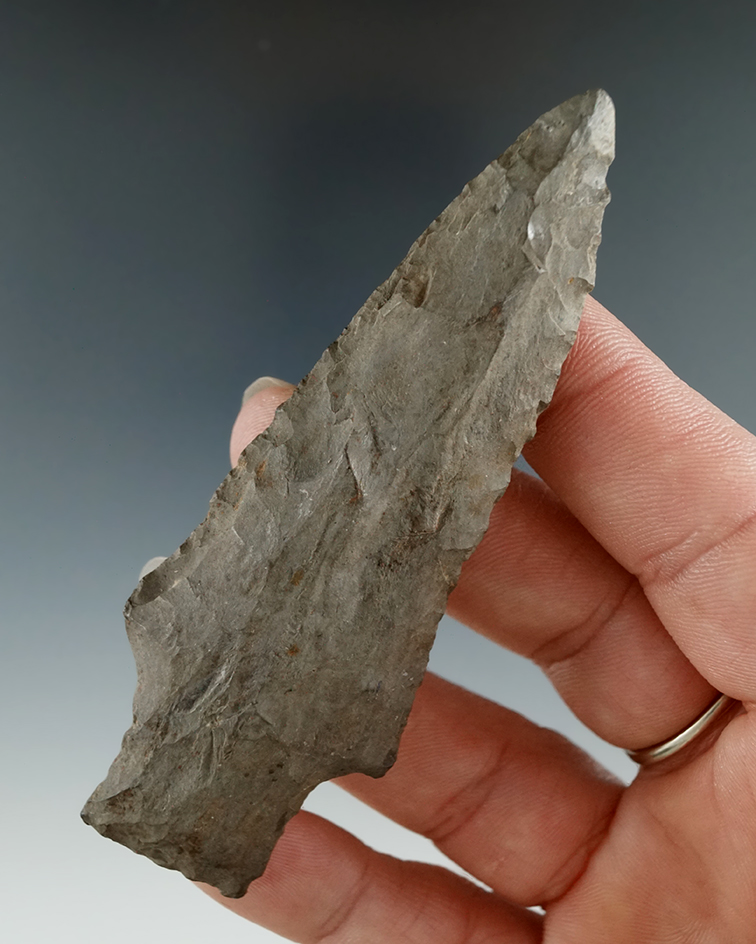 3 1/2" Esopus chert Genesee point with restoration two 3/16" of tip. Found in New York.