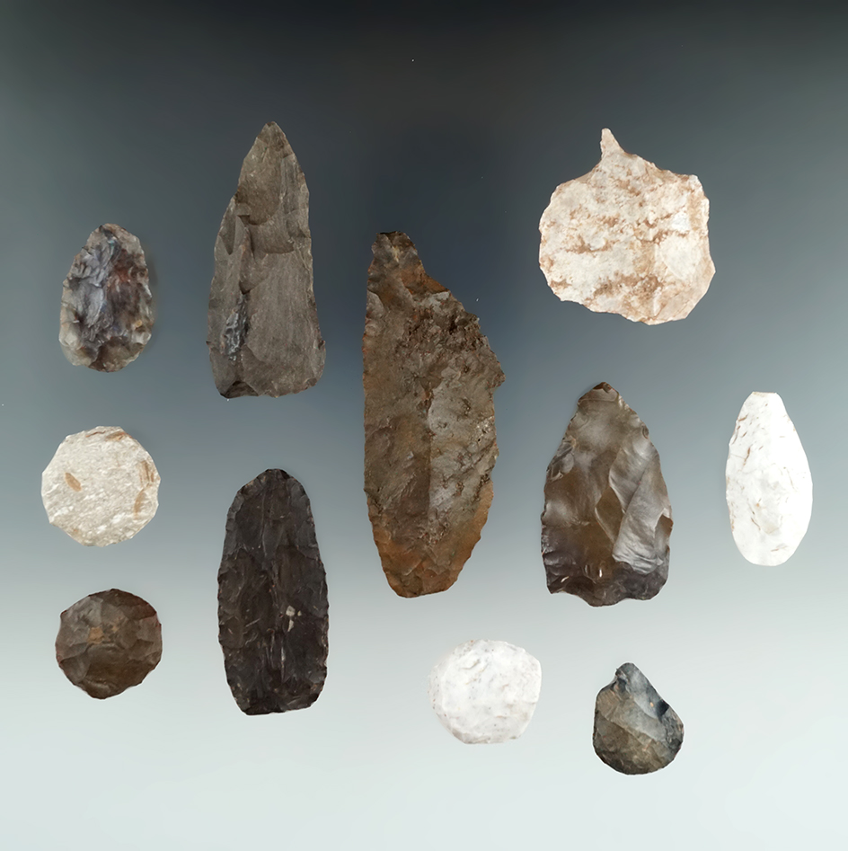 Set of 11 assorted tools including scrapers, perforators and knives found in Utah. Largest is 2 1/2"