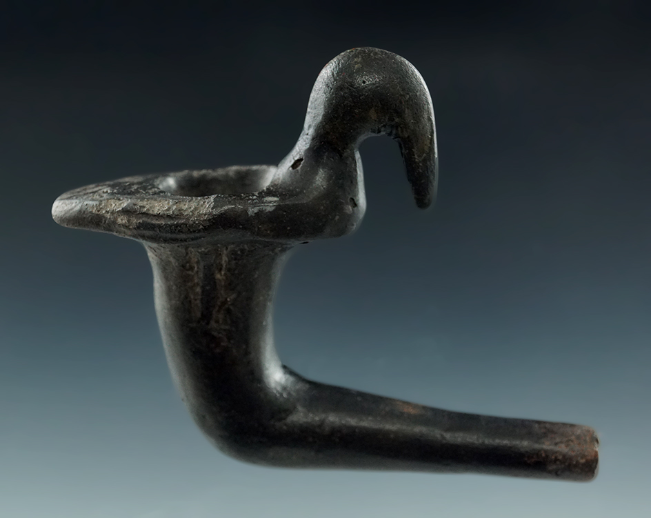 3 1/4" wide bird effigy Iroquois clay pipe with moderate restoration found in New York.