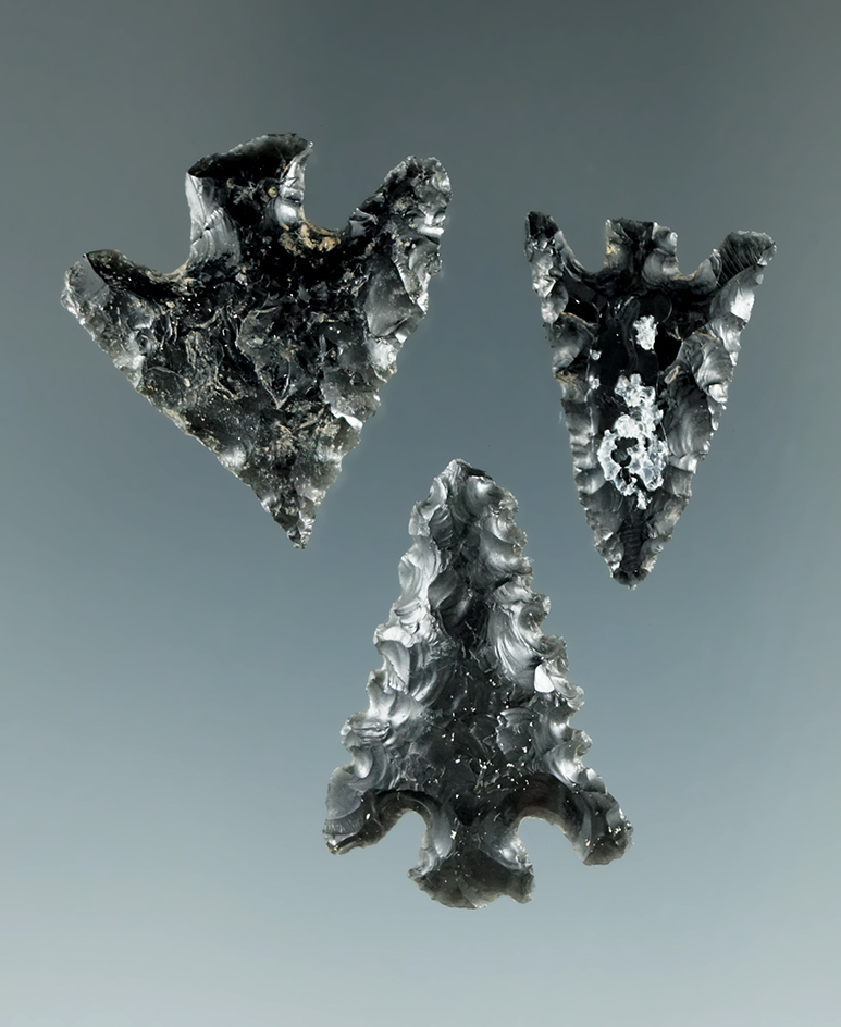 3 very nice obsidian arrow points, largest is 1 1/16" all  found near Monte Alban, Oxaca, Mexico.