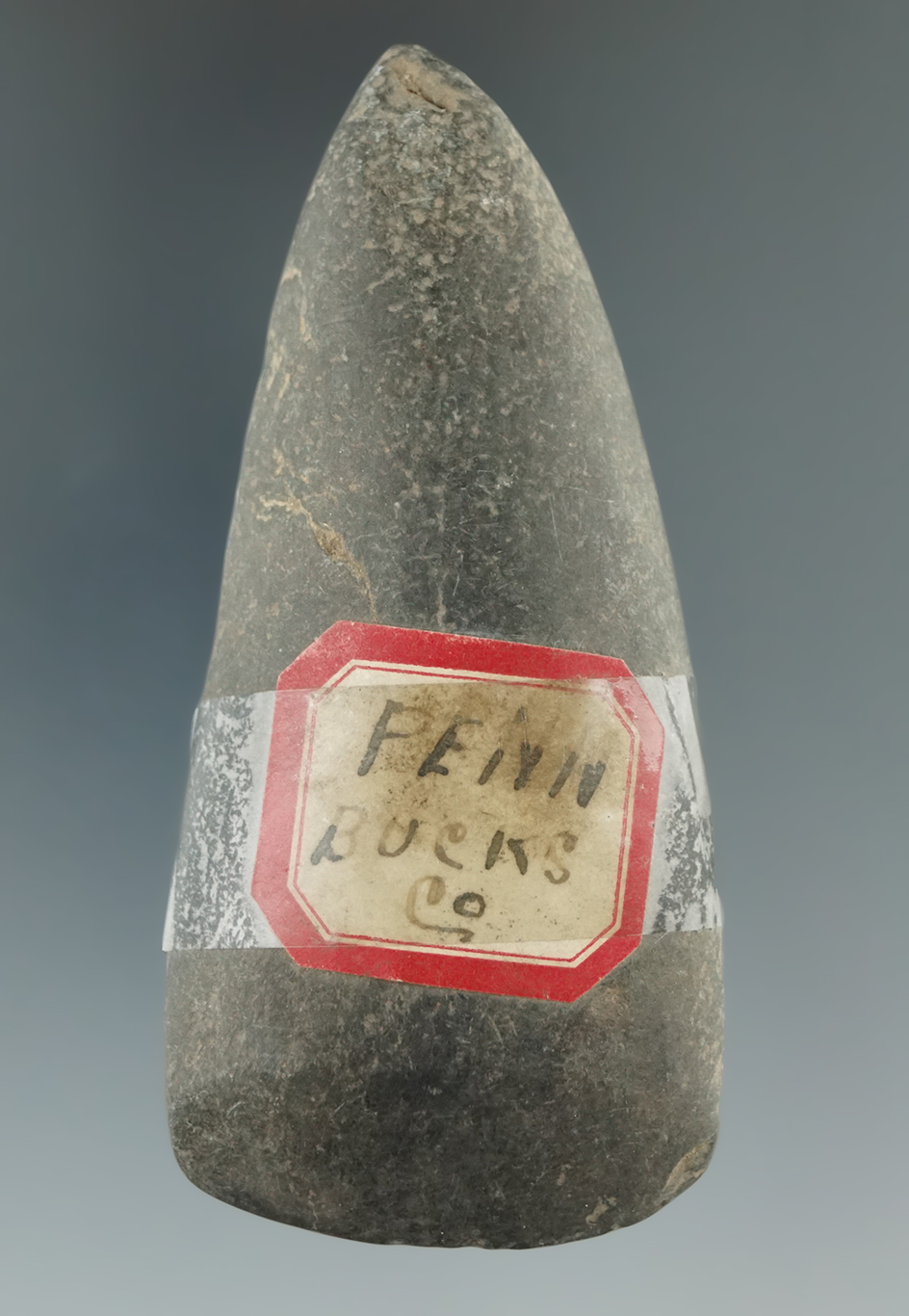 3 3/4" tapered pole Celt with a nicely polished bit area in good condition found in Bucks Co., PA.