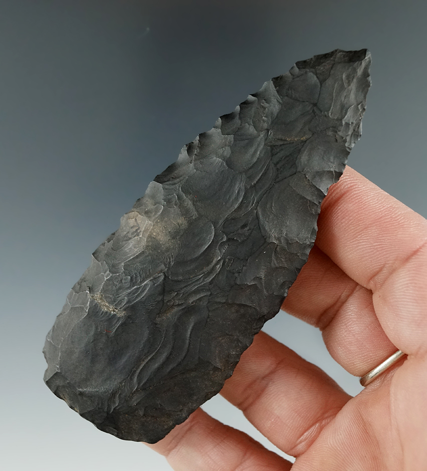3 5/8" Flint Knife within nicely ground-based found in Shenango Co., New York. Ex. Burke collection.