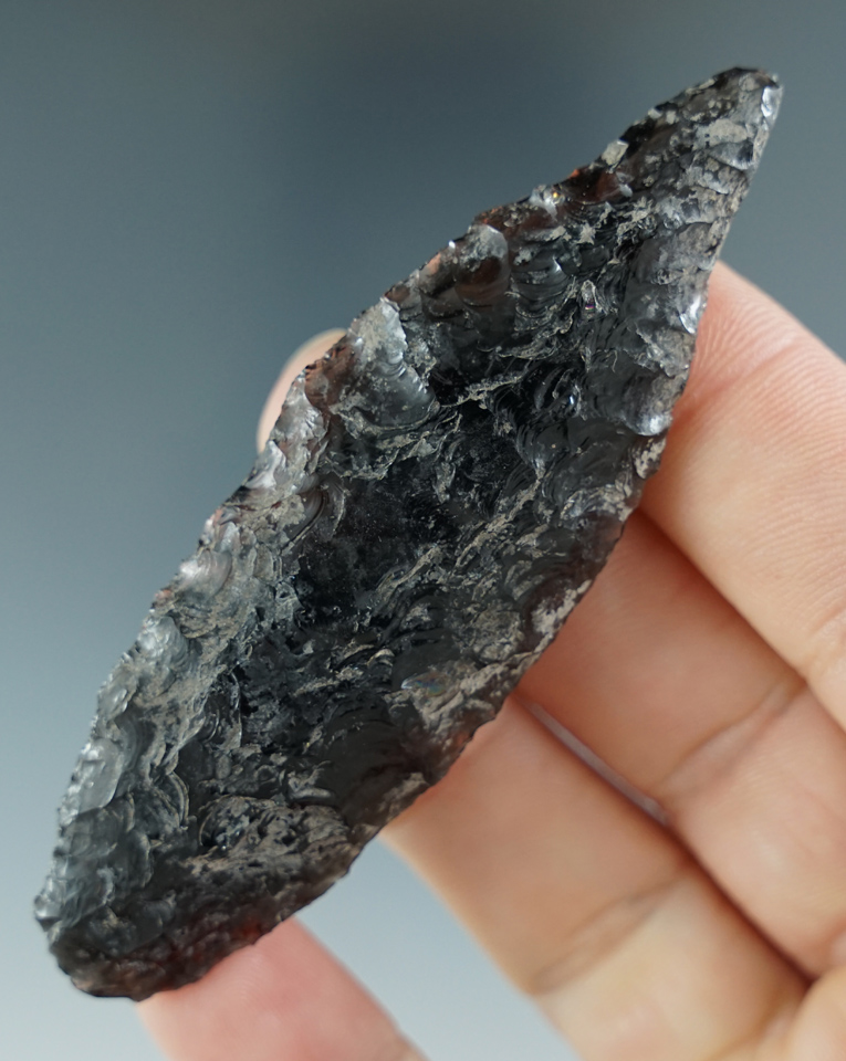 3 1/8" Heavily patinated Cascade Drill made from Obsidian. Found near Crump Lake, Lake Co., OR.