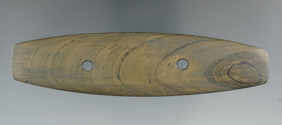 4 1/2" Bar Gorget made from beautiful banded slate found in northeast Indiana. Ex. Root #2331s.